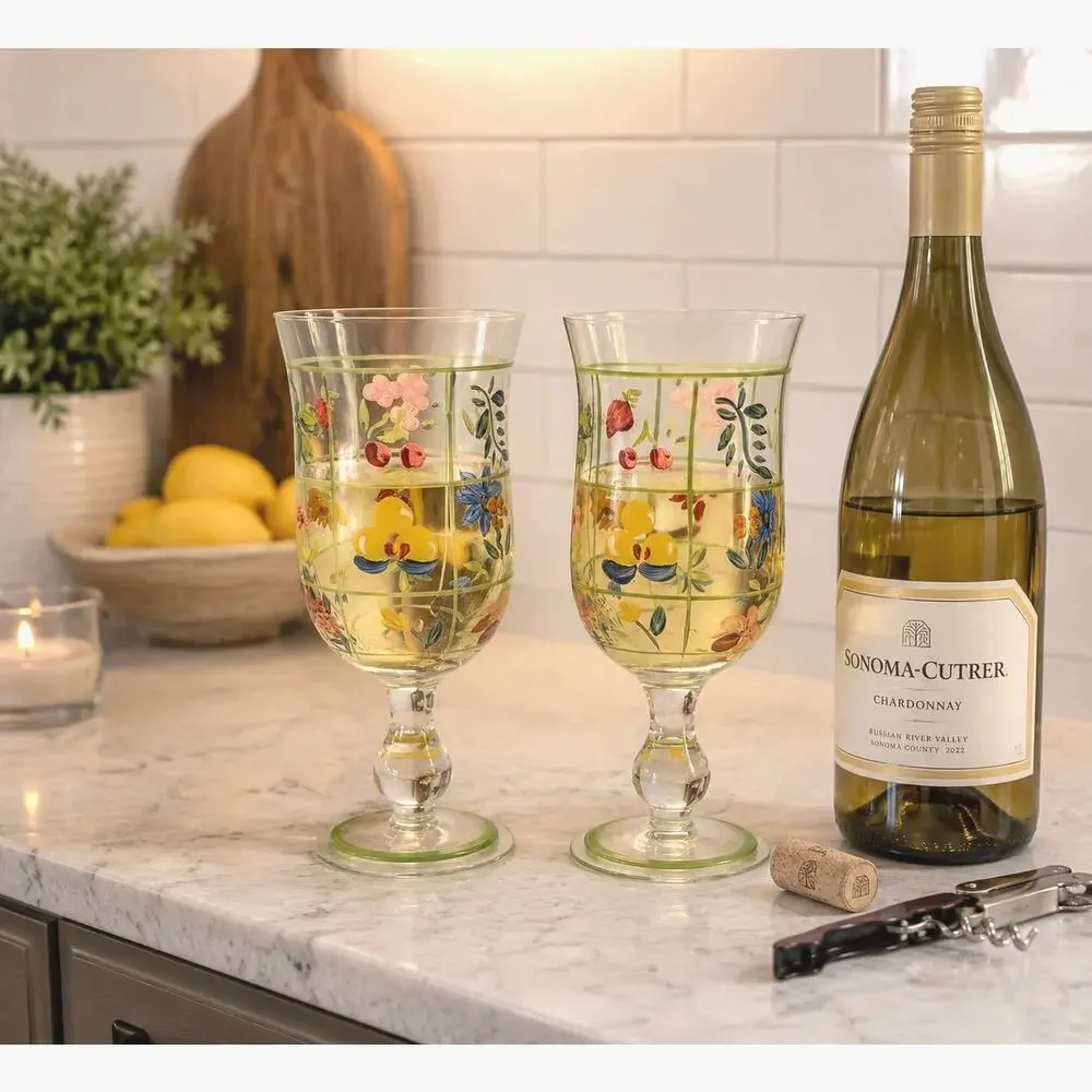 Tracy Porter Vintage Set of 2 Handpainted Floral Stemmed Wine/ Water Glasses